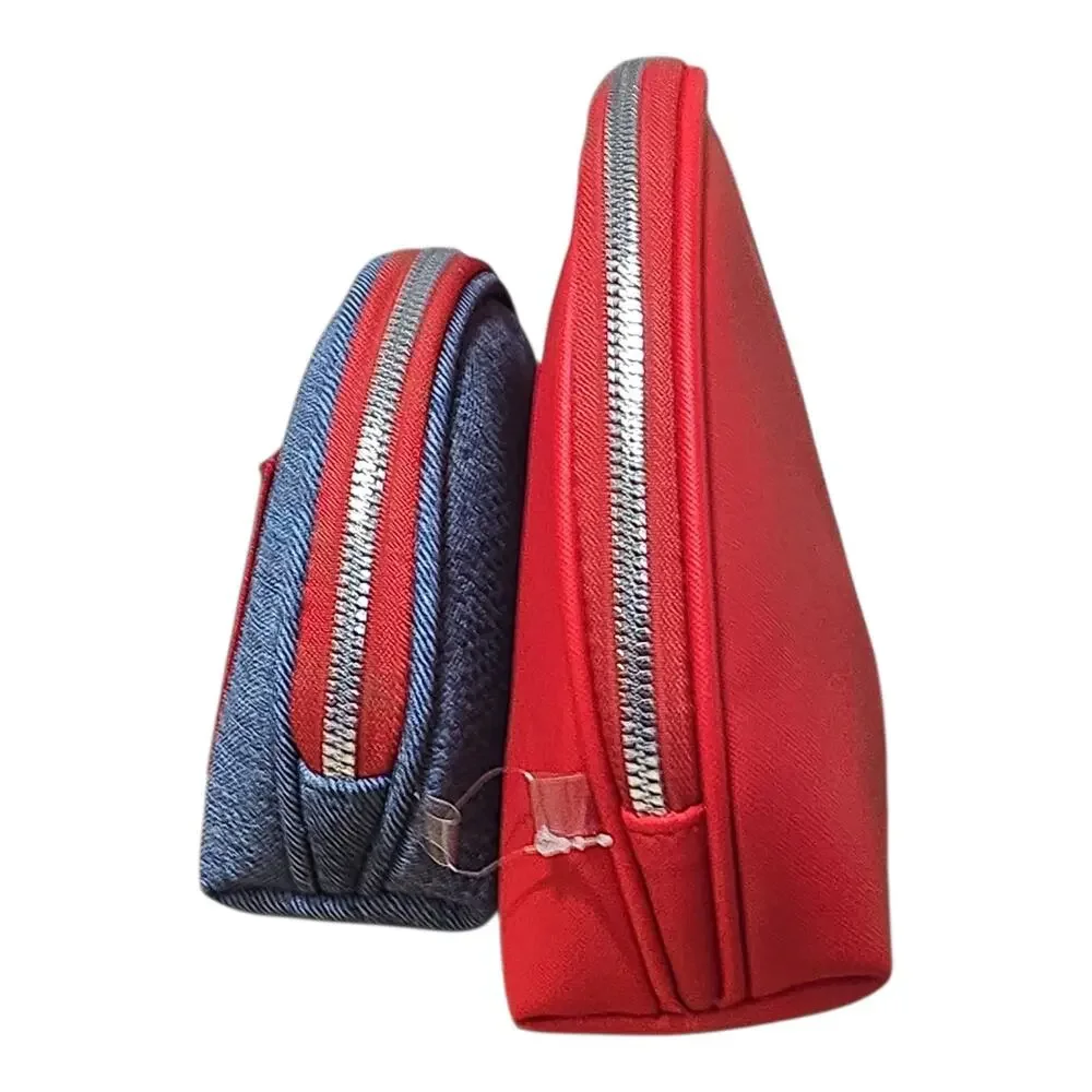 True Religion 2 Piece Cosmetic Bag Set Red Blue Denim Logo Pouch Makeup Case NWT